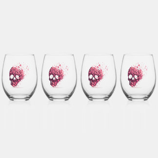 Retro Hearts & Branches Skull Stemless Wine Glass