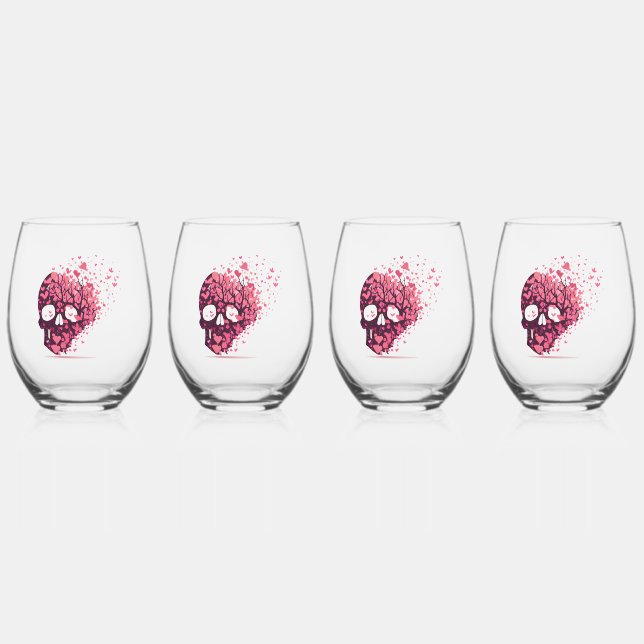 Retro Hearts & Branches Skull Stemless Wine Glass (Front)
