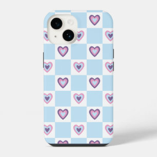 Retro Hearts Chequered Chequered Light blue Patter iPhone 14 Case
