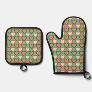 Retro Hearts Colours in Bluish Green Oven Mitt & Pot Holder Set