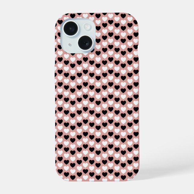 Retro Hearts Pink Black & White iPhone 15 Case (Back)