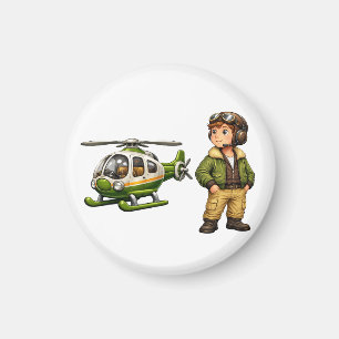 Retro Helicopter Pilot Boy with Vintage Chopper Magnet
