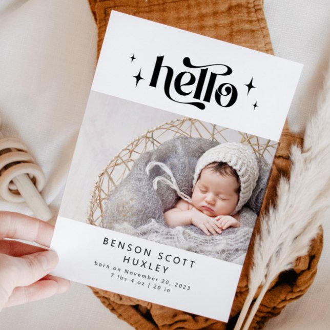 Retro Hello Birth Announcement Card (Creator Uploaded)