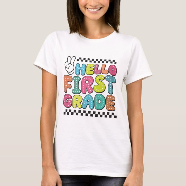 Retro Hello First Grade Teacher T-Shirt (Front)