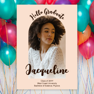 Retro Hello Graduate 2025 Peach Script Arch Photo Invitation