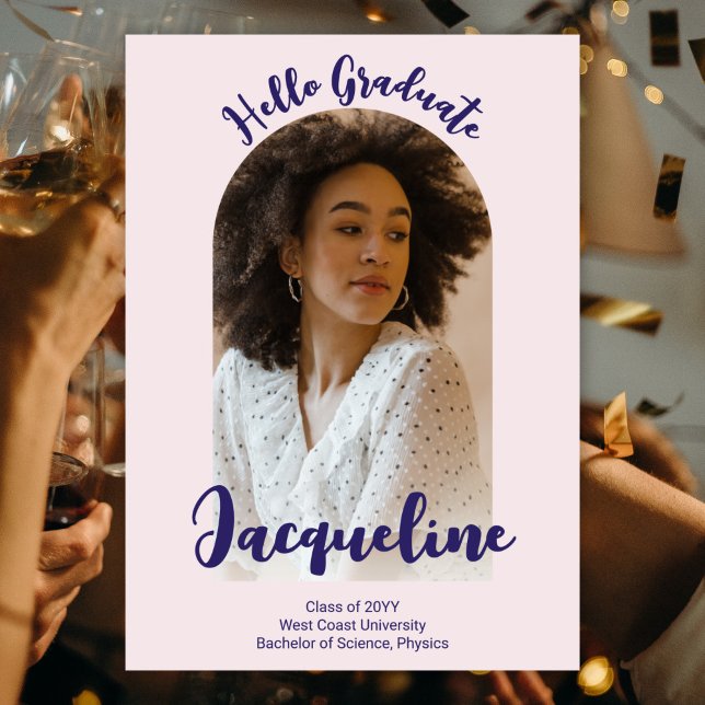 Retro Hello Graduate 2025 Purple Script Arch Photo Invitation (Creator Uploaded)