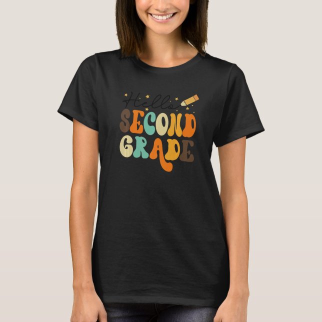 Retro Hello Second Grade Teacher Student First Day T-Shirt (Front)