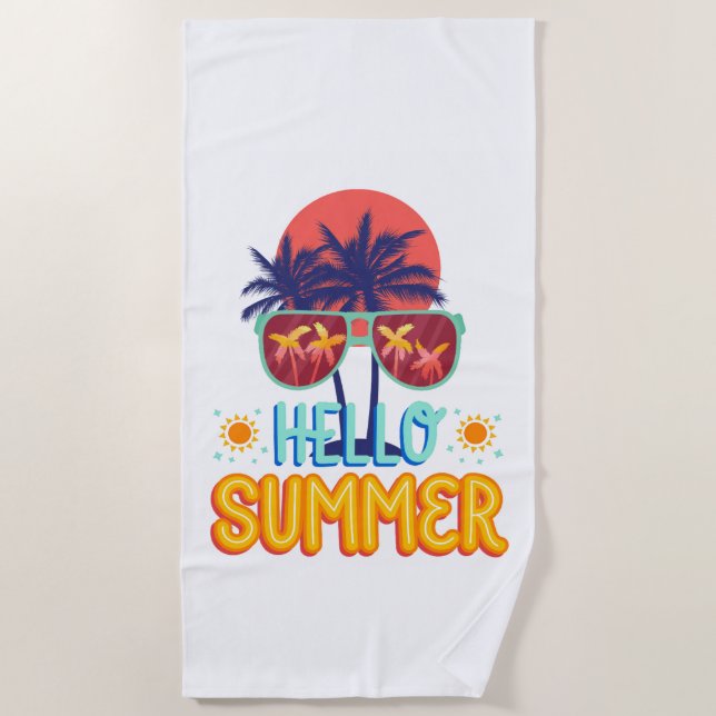 Retro Hello Summer Sun & Sunglasses Beach Towel (Front)