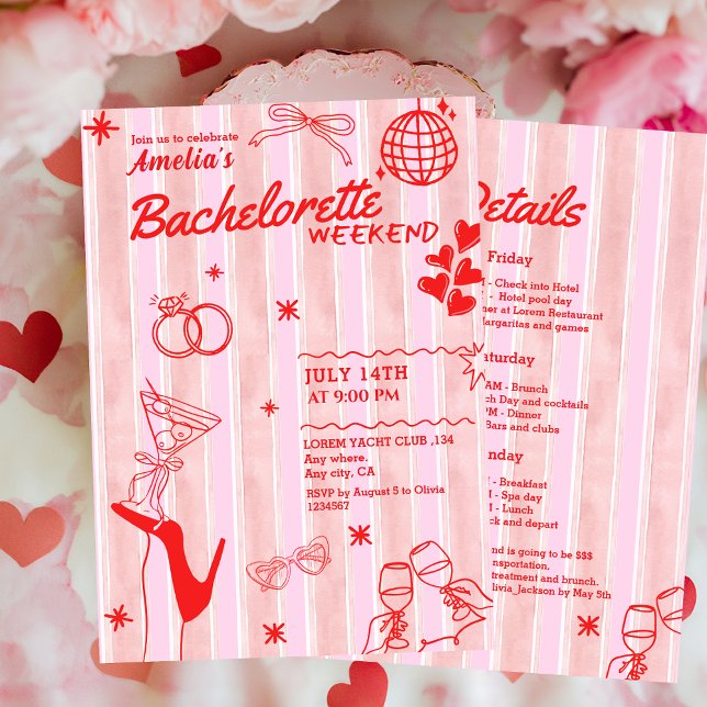 Retro Hen Red and pink bachelorette Weekend  Invitation (Creator Uploaded)