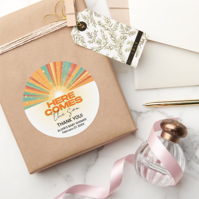 Retro Here Comes The Son Baby Shower Classic Round Sticker (Gifting)