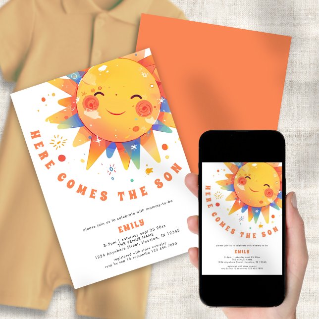 Retro Here Comes The Son Baby Shower  Invitation (Front and back vie. Available digitally and printed)