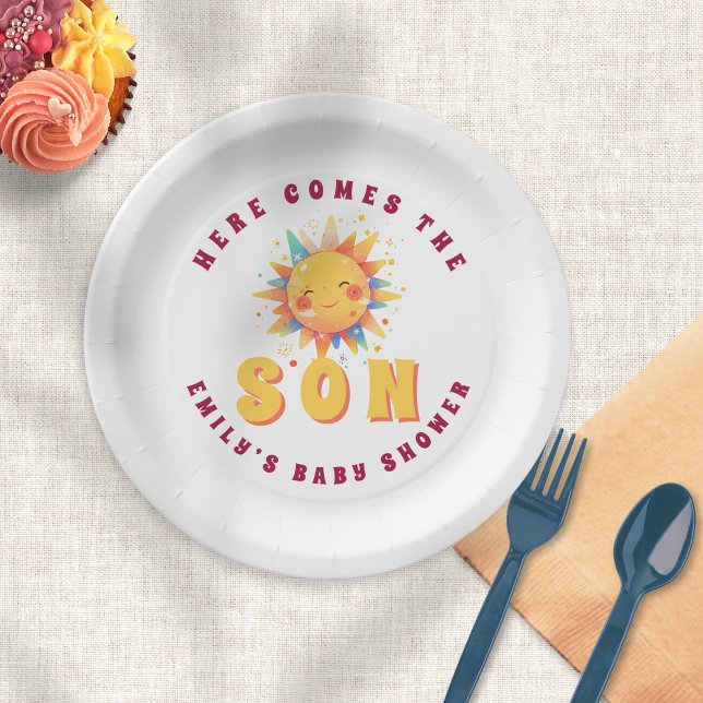 Retro Here Comes The Son Boy Baby Shower Paper Plate (Creator Uploaded)