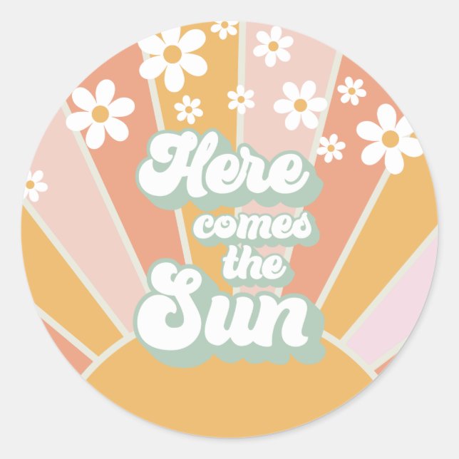 Retro Here comes the Sun Daisy boho birthday Classic Round Sticker (Front)