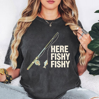 Retro Here Fishy Fishy Fishing Rod & Fish Design T-Shirt