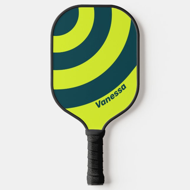 Retro HI VIS Yellow Three Circle Stripe with Name Pickleball Paddle (Front)
