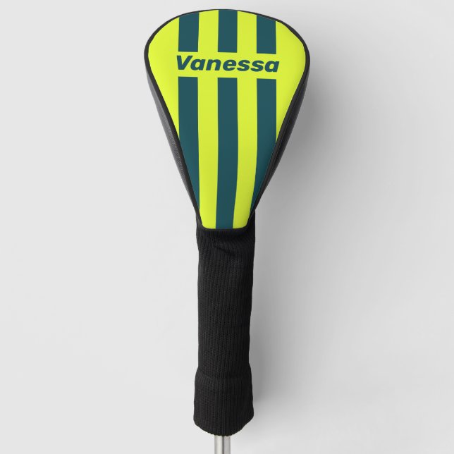 Retro HI VIS Yellow Three Pin Stripes with Name Golf Head Cover (Front)