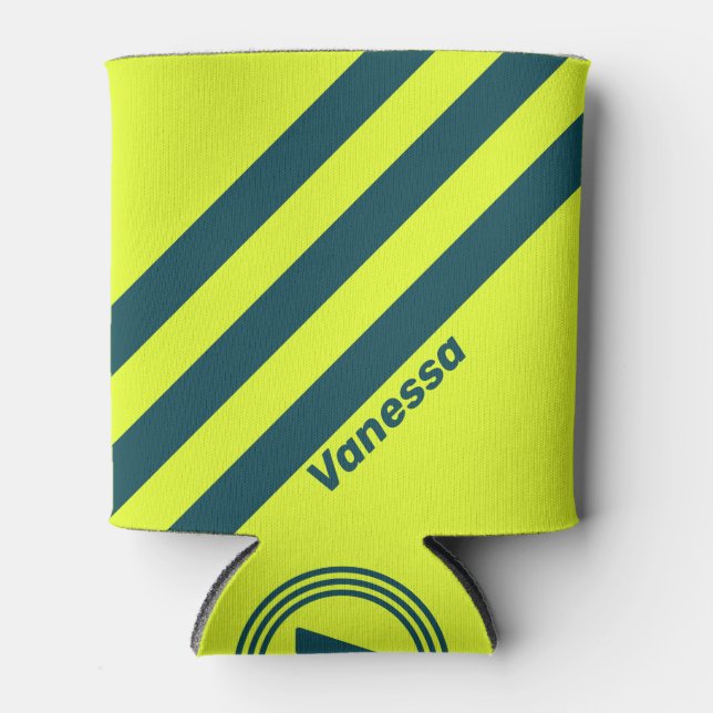 Retro HI VIS Yellow Three Stripes with Name Can Cooler (Front)