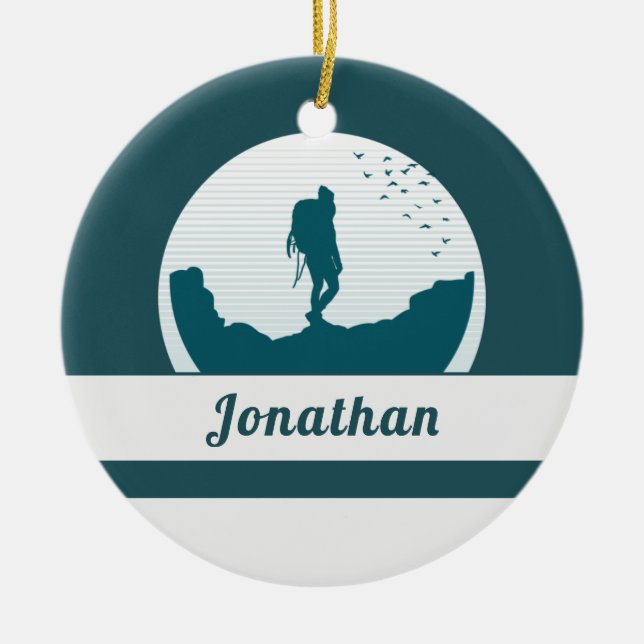 Retro Hiking Camping Landscape Custom Name Teal   Ceramic Tree Decoration (Front)