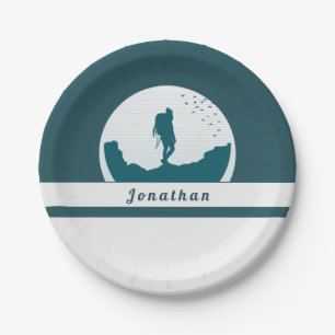 Retro Hiking Camping Landscape Custom Name Teal Paper Plate