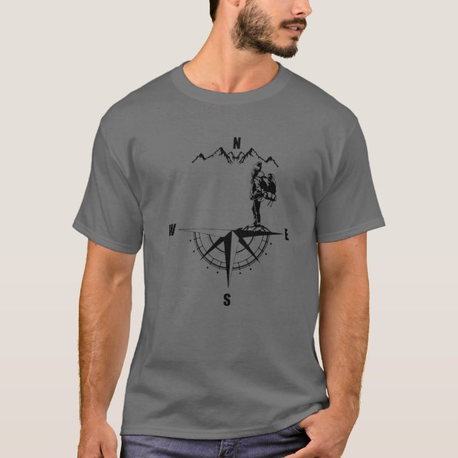 Retro Hiking Mountain Compass Wild Nature Camping T-Shirt (Front)