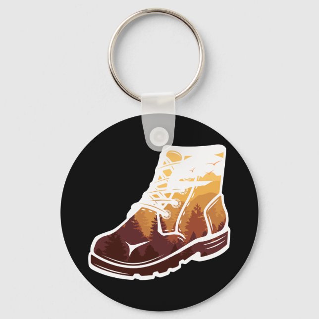 Retro Hiking Shoe Landscape - Wilderness Sunset Key Ring (Front)