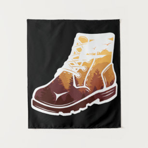 Retro Hiking Shoe Landscape - Wilderness Sunset Tapestry