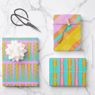 Retro Hip Mod Pop Striped Pattern Pink Orange Blue Wrapping Paper Sheet