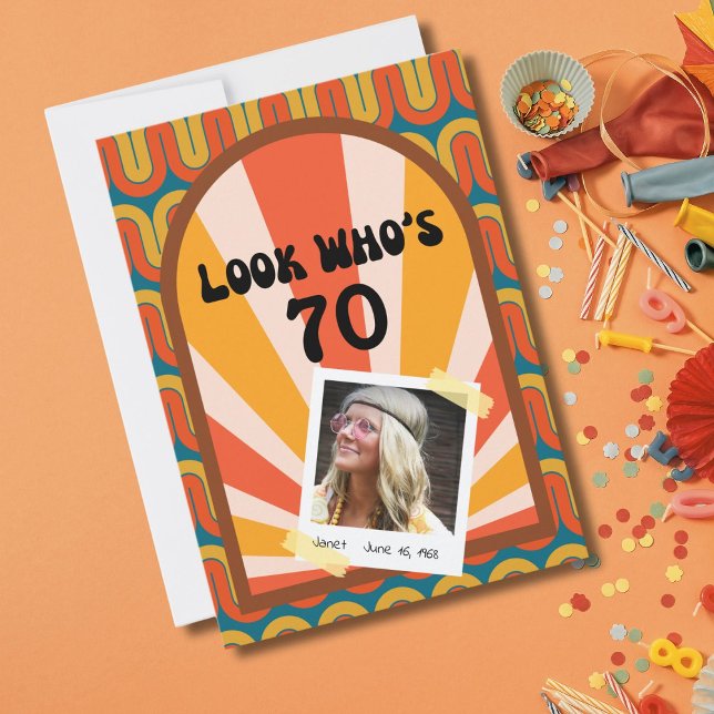 Retro Hippie 60's Photo 70th Birthday Invitation (Groovy waves and a polaroid template for a photo of the birthday celebrant! )