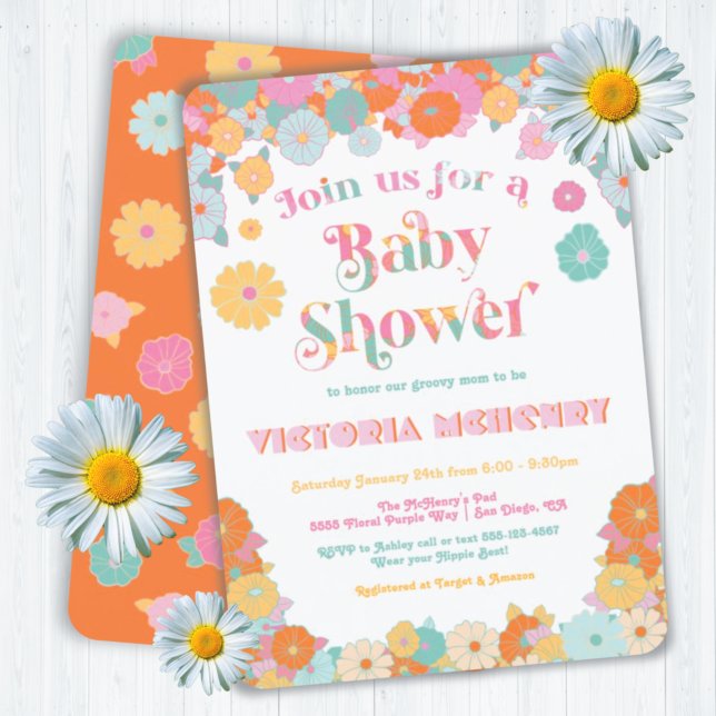 Retro Hippie 70's 60's Flower Power Baby Shower Invitation (Creator Uploaded)