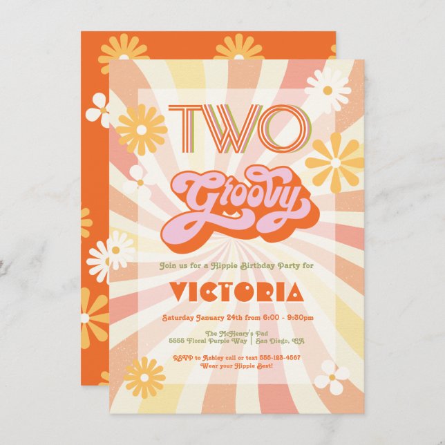 Retro Hippie 70's 60's Two Groovy Birthday Party Invitation (Front/Back)