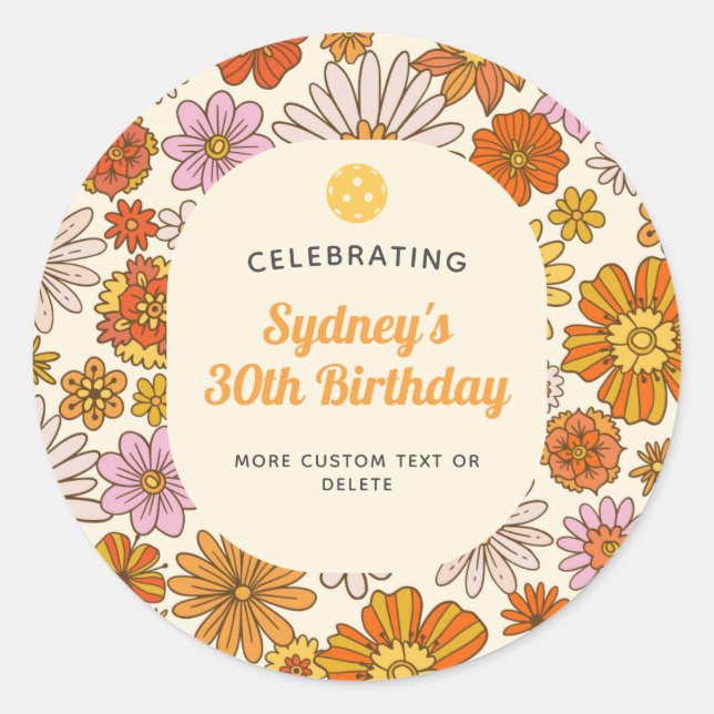 Retro Hippie 70s Floral Pattern Pickleball Party Classic Round Sticker (Front)