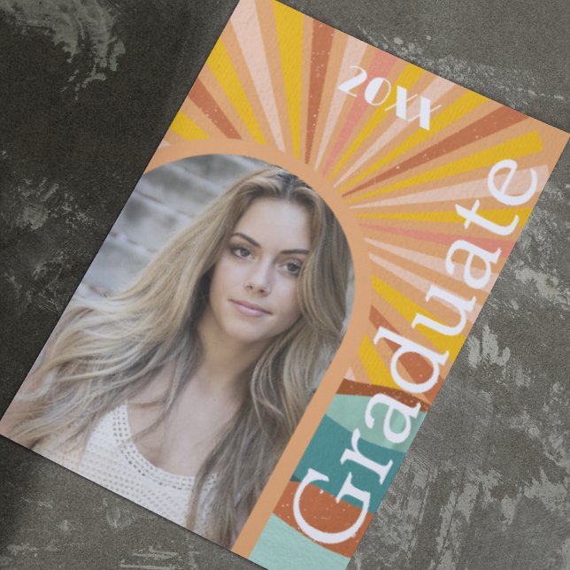 Retro Hippie Arch Photo 70s Peach Graduation  Invitation (Creator Uploaded)