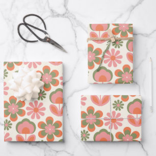 Retro Hippie Boho 70s Flower Pattern Pink Green Wrapping Paper Sheet