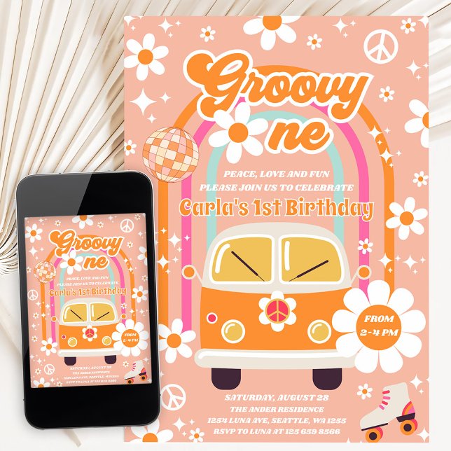 Retro Hippie Daisy Rainbow Groovy One 1st Birthday Invitation (Creator Uploaded)
