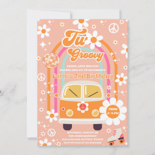 Retro Hippie Daisy Rainbow Two Groovy 2nd Birthday Invitation