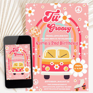 Retro Hippie Daisy Rainbow Two Groovy 2nd Birthday Invitation