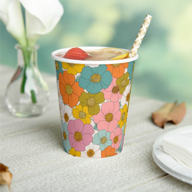 Retro Hippie Floral Birthday Paper Cups (Insitu)