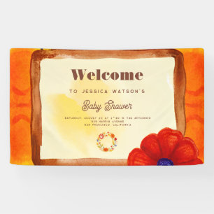 Retro Hippie Floral Watercolor Orange Baby Shower Banner