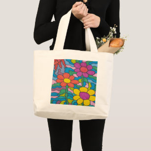 Retro Hippie Flower Art Large Tote Bag