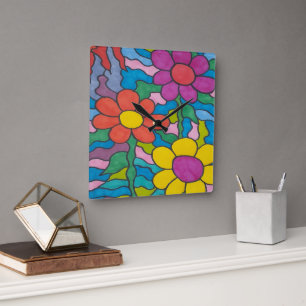 Retro Hippie Flower Art  Square Wall Clock