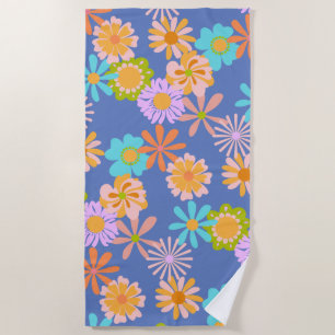 Retro Hippie Flower Pattern in Blue  Beach Towel