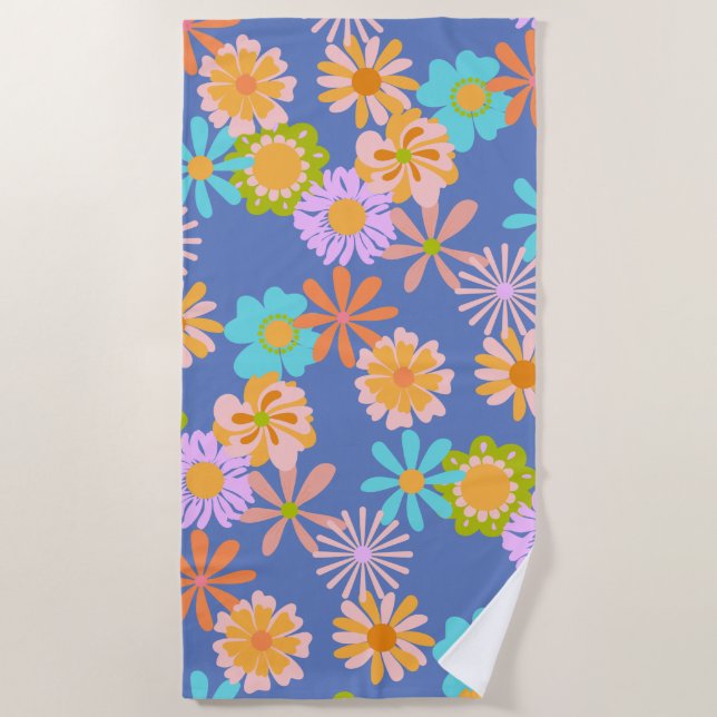 Retro Hippie Flower Pattern in Blue  Beach Towel (Front)