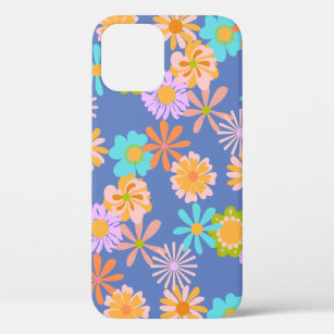 Retro Hippie Flower Pattern in Blue  iPhone 12 Case