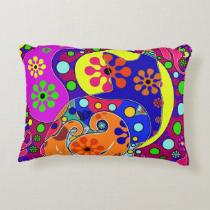 Retro Hippie Flower Power Paisley Cat Pop Art Decorative Cushion
