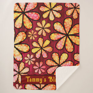 Retro Hippie Flower Power with Red Wood Background Sherpa Blanket