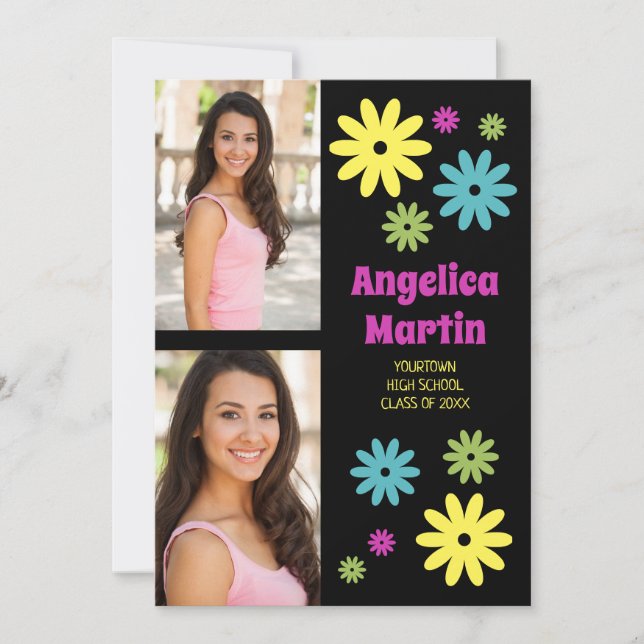 Retro Hippie Flowers 2 Photo Graduation  Announcement (Front)