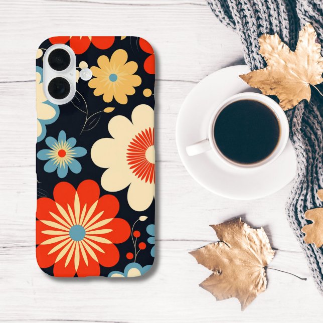 Retro Hippie Flowers Blue Yellow Beige Red Case-Mate iPhone Case (Retro Groovy Hippie Red Blue Beige Yellow Flowers Floral iPhone case)