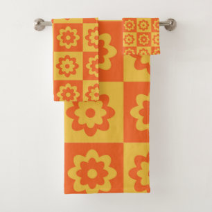 Retro Hippie Flowers on Chequerboard Yellow Orange Bath Towel Set