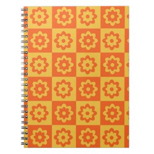 Retro Hippie Flowers on Chequerboard Yellow Orange Notebook
