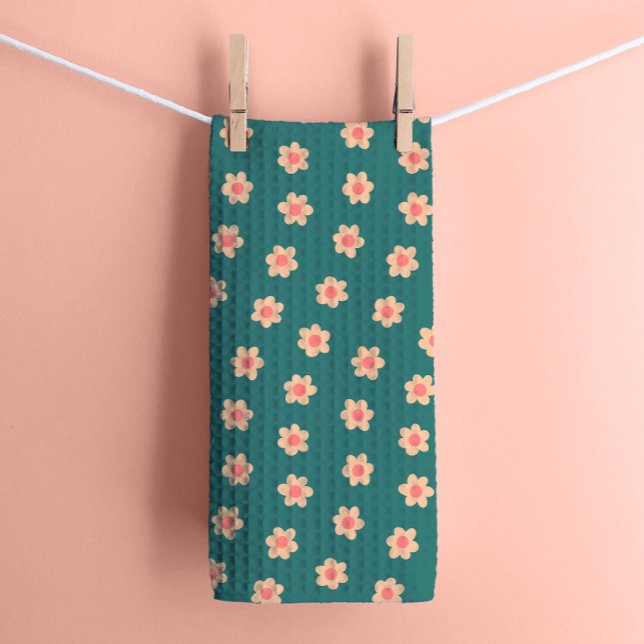Retro Hippie Flowers on Teal Tea Towel (Creator Uploaded)